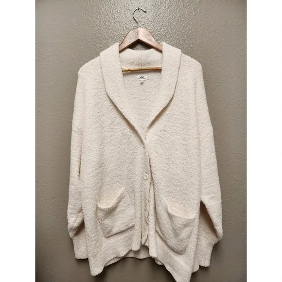 Aerie Textured Knit Boyfriend Cardigan Cream Ivory Button Front Pockets Size XLG - Picture 1 of 5